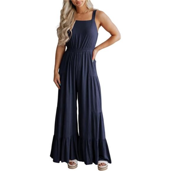 Pants - Jumpsuits Ruffle Wide Leg Long Flare Pant Navy Blue